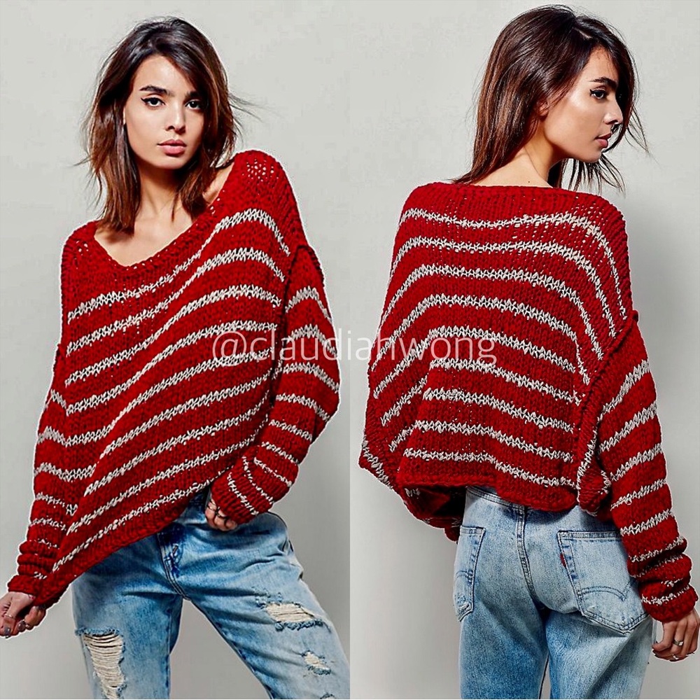 FREE PEOPLE Ruby Red Striped Chunky Knit Sweater